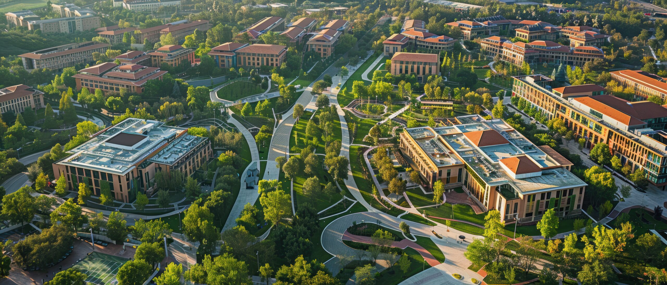 Futuristic Tech Campus: Aerial View of Innovative Buildings Among Green Spaces